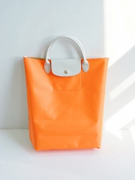 100% Authentic Longchamp Le Pliage RE-PLAY Short Handle Colorblock Polyamide Canvas With Interior Coating Tote Bag Shopping Bag 10168091017 Orange