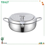 TEALY Deep Fryer Pot, Japanese Thermometer Tempura Fryer Pan, Thickened with Lid Stainless Steel Oil