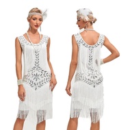 Retro 1920s Gatsby Ball Dress รอบคอขนาดใหญ่ชุดเลื่อมลูกปัดกระโปรงชุดราตรีงานแต่งงานชุดสําคัญ