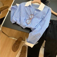 Spring 2023 Womens Versatile Long Sleeve Striped Color Block Shirt Trendy Polo Collar Thin Material 