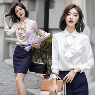 【Real Stock 】women' s long sleeve blouse white slim fit shirt plain office wear tops causal coat
