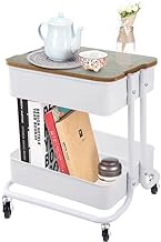 2 Tier Metal Utility Rolling Cart Storage Organizer with Cover Board, Mobile Trolley Sofa Side Table with Wheels for Office Home Kitchen Organization, White
