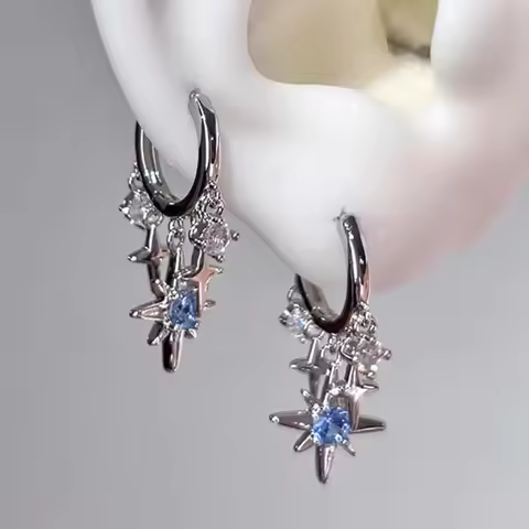 Y2K Blue Zircon Eight-Pointed Star Pendant Earrings for Women Silver Color Star Tassel Ear Buckle Mi