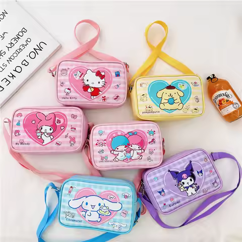 Sanrio Children Messenger Bag Hello Kitty Kuromi Cinnamoroll PU Shoulder Bag Cartoon Storage Small S