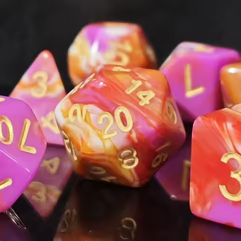 Hot Sale 7Pcs Pink Orange Swirl Polyhedral Dice Set with Gold Numbers DND Dice for Dungeons & Dragon