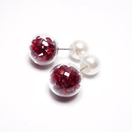A Handmade 紅色水晶玻璃球配珍珠前後耳環