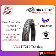 Corva Motor Tayar Viva Tubeless Tyre Ft218 Tayar Motosikal Tubeless 70/90-17, 80/90-17 Corsa R26