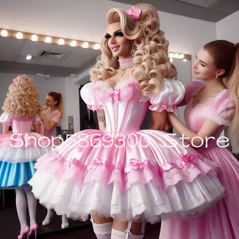 Lovely Pink Victorian Short Prom Party Dresses Puffy Skirt Corset Top Lolita Rococo Belle Cosplay Ev