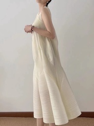 Miyake Pink Flower Bud Long Dress Loose And Slimming Pleated Dress Seaside Vacation Sleeveless Vest 