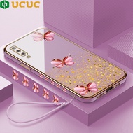 (Local Ready) UCUC Softcase Case Casing hp Untuk Samsung A50 A51 A52 A70 A71 A72 A7(2018) (Lanyard Gratis) Pink Butterfly Square Edge Pattern Design Luxury Plating Soft Phone Case