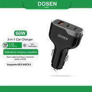 Dosen Car Charger Fast Charging 3 Ports 60W 1 USB 2 Type-C QC3.0 Compact Aluminum Shell 12-24V Safe 