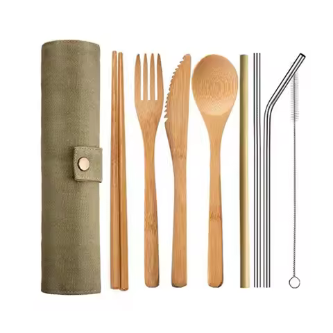 Bamboo Cutlery Set with Cutlery Bag Reusable Wooden Cutlery Fork Spoon Knife Set Tableware Nature ba
