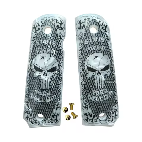 1911 Grips Full Size,White pearl with Punisher Skull,Fits Colt,Kimber,Springfield,Remington,Rock Isl
