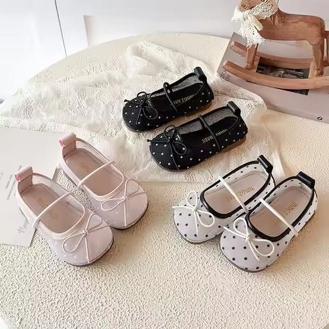 Elegant Polk Dot Embroidery Mesh Ballerina Shoes Kid Girls Bowknot Elastic Band Ballet Flats Baby Ch
