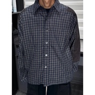 Acne Studio Stitching Design Plaid Single-Breasted Long-Sleeved Shirt Unisex Navy Blue