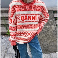 Tian Xiwei Same Style [Passed Test Level] Ganni Sweater Retro Ingrown Round Neck Pullover Wool Blend