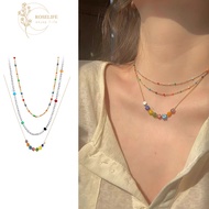 Roselife Korean IU Style Colorful Flower Rainbow Beaded Choker Short Necklace for Women Girls Summer Trendy Beach Vacation Necklaces Jewelry Accessories