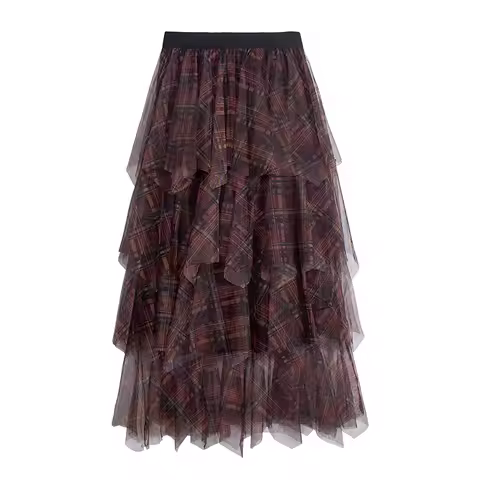 Checkered mesh skirt 2025 autumn and winter irregular layered cake skirt high waist slimming mid len