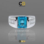 CG | Certified Natural Blue Topaz | Emerald-Cut 2ct | Silver Men’s Ring | D VVS Moissanite Baguette