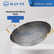 YU Online - 40cm Kuali Sarang Lebah Bertangkai emas Keluli Tahan Karat / Kuali Honeycomb Wok / Cookw