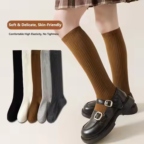 Korean Solid Girls Knee High Socks Cotton Spring Autumn School Uniform Socks Seamless Long Socks Cal