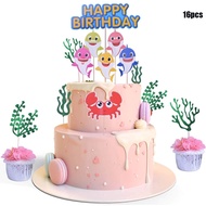 Baby Shark Theme Set - 16pcs Cakes Toppers; Happy Birthday Banner; 10x Printed Balloons; 50x Stickers