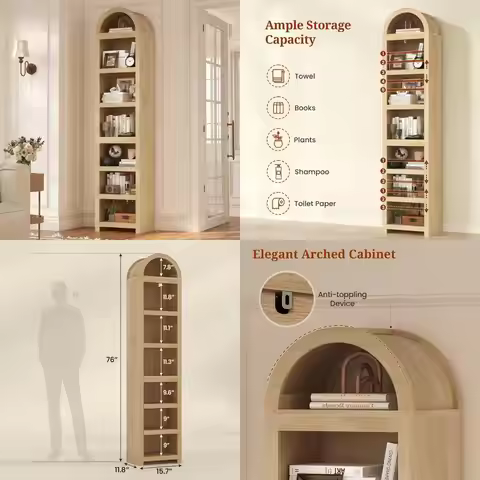 76" high 7-tier arched bookshelf: modern adjustable storage for living room