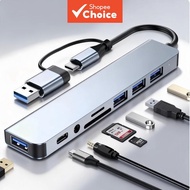Dual Port 8-in-1 Hub USB3.0 USB2.0 USB-C 3.5mm Audio PD Charging SD/TF Splitter Multiport Adapter HU
