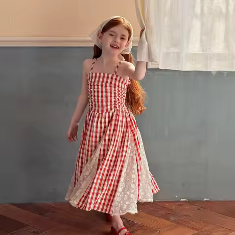 2025 Summer New Strap Dress Fairy Skirt Red Checkered Splicing French Lace Fashion
