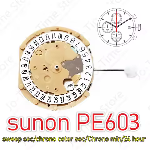 PE603 Movement Sunon PE60 Quartz Watch Sweep Second Chronograph 6/9/12 Small Hands Chrono Center Sec