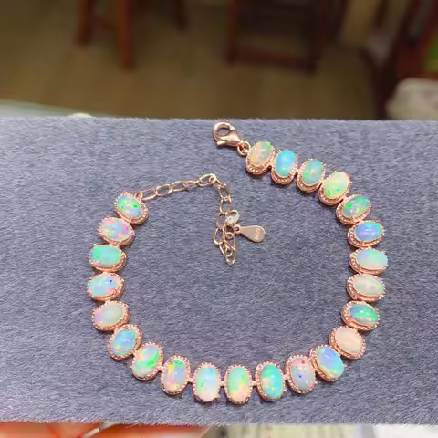 YULEM Natural Opal Simple Bracelet 925 Sterling Silver Colorful Stone Bangle for Women Fine Wedding 