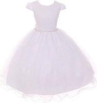 Big Girls Cap Sleeve Lace Rhinestones First Holy Communion Flower Girl Dress White 8 (TR543K)
