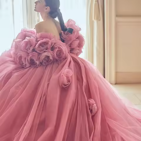 Princess Pink Very Puffy Tutu Tulle Long Formal Dresses With Handmade Flower Bicep Cape Garden Color