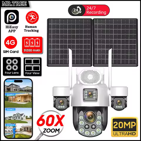 AOV Four Lens Outdoor Surveillance Solar Camera 20MP 4G SIM 60X Optical Zoom Home Security PTZ Auto 