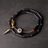 Black Agate Double-Layer Bracelet | 10mm Three-Eye Dzi Bead & Brass Accessories | Retro Men's Handma