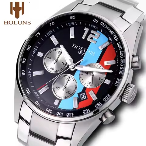 HOLUNS mens Fashion watch Full stainless steel Multifunctional Sports chronograph quartz Wristwatche