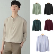 【STOCK+COD】Hot Korean Polo for Men Long Sleeve Round Chinese Collar Casual Shirt Full Buttons 4 Colo