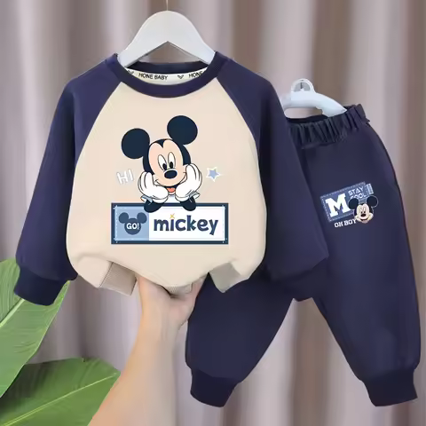 Disney Minnie Spring Fall Kids Casual Sweatshirt Set Children's Splicing O Neck Hoodies and Pants 2p