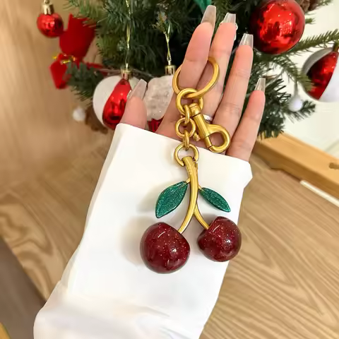 Bag Charm Green Leaf Crystal Cherry Pendant Decoration For Coach Handbag Shoulder Bag Exquisite Keyc