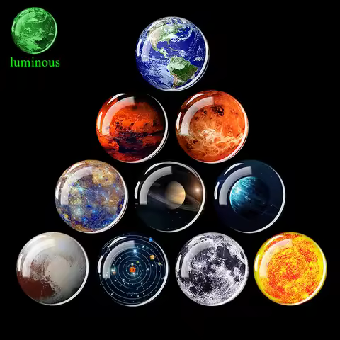 1PCS Glow In The Dark Solar System Planet Moon Earth Picture Round Glass Cabochon 12/16/20/25/30/40M