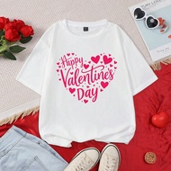 เสื้อยืดแขนสั้นกระดุมเต่าสบายๆ สีขาว พิมพ์ข้อความ Happy Valentine's Day & ลายหัวใจ, เสื้อสตรีแฟชั่น,