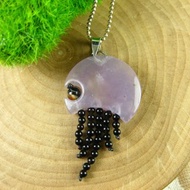 簡潔設計 玉墜 水母 印尼花紫玉+黑瑪瑙珠