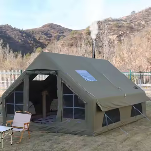 129 SqFT Inflatable Tent ,8-10 Person Blow Up Tent with Stove Jack Hole,4 Season Waterproof Camping