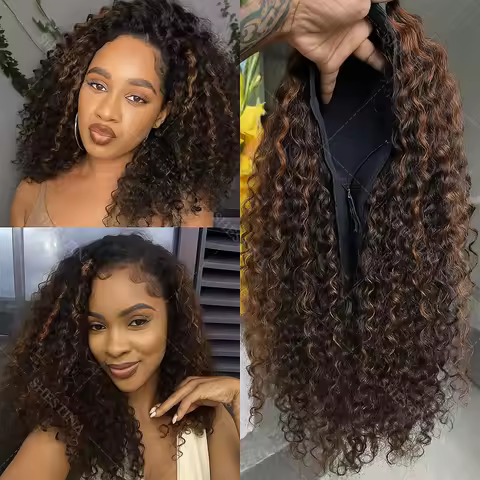 1B/30 highlight 3 In 1 Half Wigs Human Hair Drawstring Burmese 3C 4A Curly Invisible Half Wigs Water