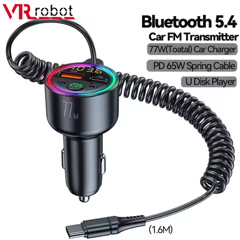 VR Robot 77W USB Car Charger Bluetooth 5.4 Car FM Transmitter Handsfree Wireless MP3 U Disk Player w