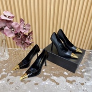 High Version YSL Metal Letter Iron Toe Thin Heel High Heel Single Shoes Square Toe Niche High-End Fe