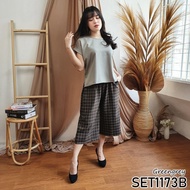 B 6C Baju Setelan Atasan Polos Mix Celana Motif Kotak Wanita Set1173D