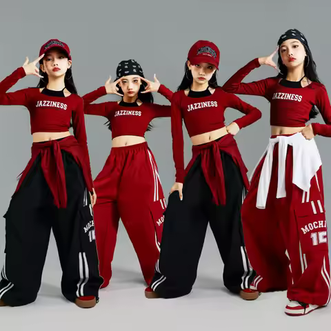 junior Kid Hip Hop y2k Longsleeve T-shirt Pants Set teen Girl Performance Costume Stage Outfit Child