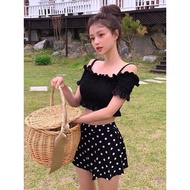 Off-the-shoulder bikini + polka dot skirt
