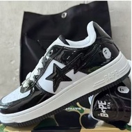 Bape star shoes ape man head blackwhite glossy lowcut fasion sneaker woman and mens